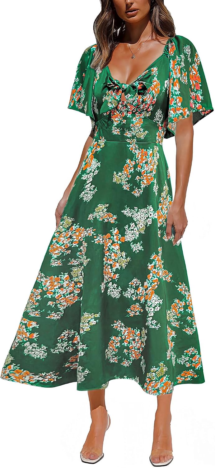 Fashionme 2026 Maxi Dress Women Satin Elegant Floral Tie Front Cap Sleeve | Summer Elegant Smocked Dress,Deep V Neck,Casual Sun Dress,Wedding Guest Graduation Vacation Beach Tea Party, XS-3XL