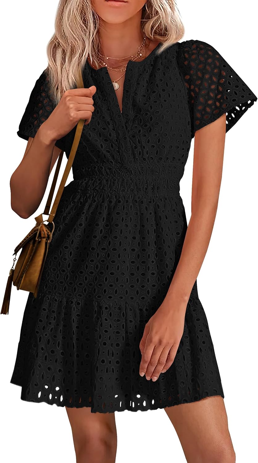 PRETTYGARDEN Women's Summer Eyelet Lace Short Dresses | Embroidered Hollow Out, Short Sleeve V Neck, Ruffle A Line, Cute Casual Trendy, Party Wedding Guest, Beach Vacation Clothes