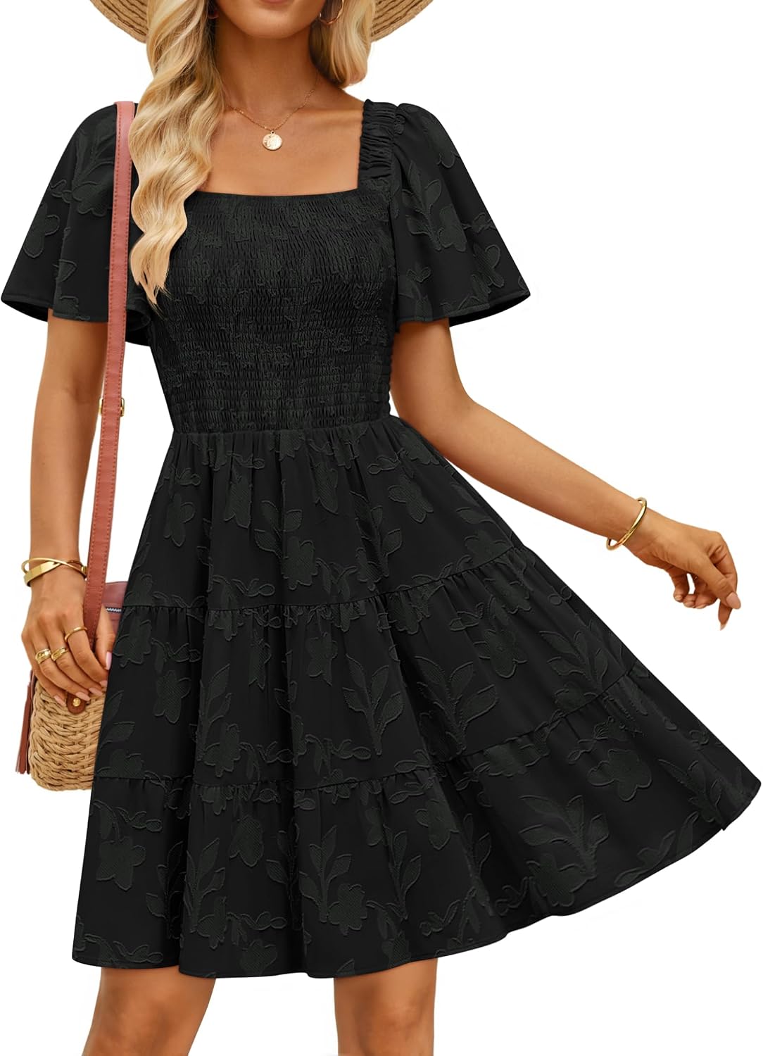 ZESICA Women's 2026 Summer Boho Floral Flowy Mini Dresses | Elegant Short Dress, Swing A Line Dress, Smocked Ruffle, Cute Sundress, Short Sleeve, Square Neck, Beach Vacation Dress