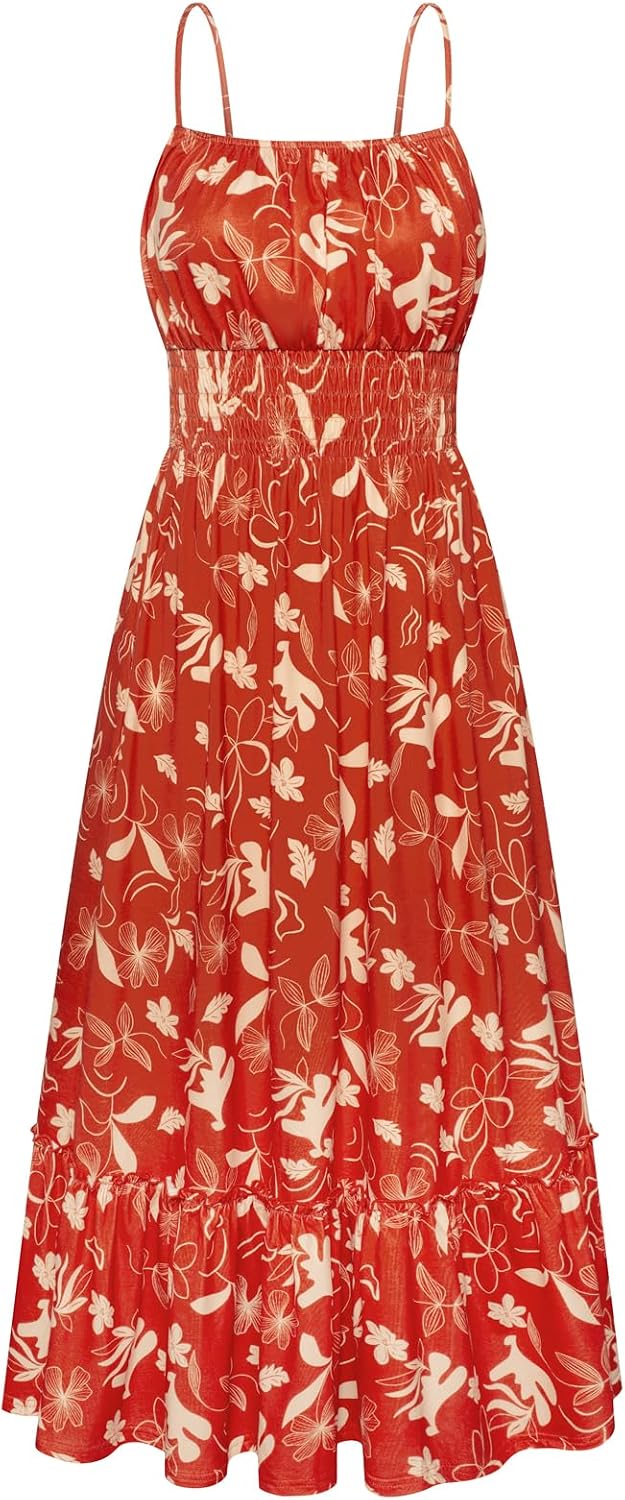 GRACE KARIN Summer Dresses for Women 2026 Vacation Boho Maxi Sundress | Casual, Smocked Waist, Floral Printed, Spaghetti Strap, Sleeveless, Beach Dresses With Pockets, Fashion Outfits