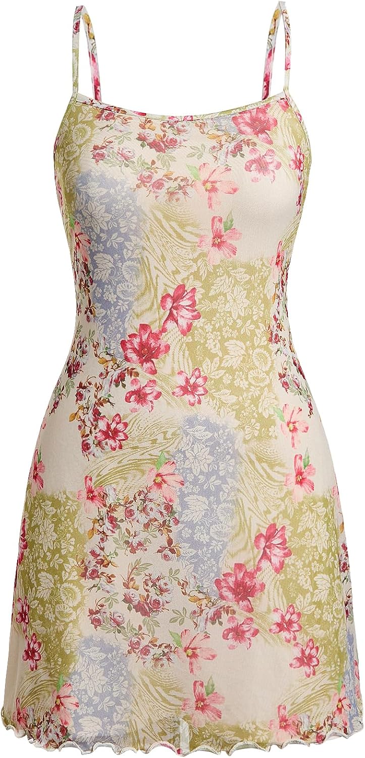 Milumia Women\u2018s Summer Mini Dress 90s Boho A Line Mesh Short Dresses | Spaghetti Strap,Sleeveless,Vintage,Paisley Print,Festival Outfits,Cowgirl,Y2k,Goth