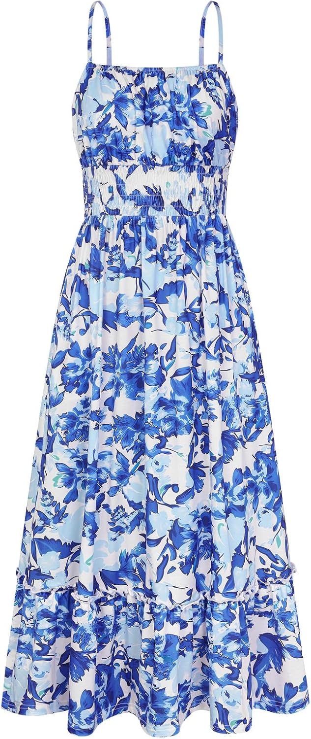 GRACE KARIN Summer Dresses for Women 2026 Vacation Boho Maxi Sundress | Casual, Smocked Waist, Floral Printed, Spaghetti Strap, Sleeveless, Beach Dresses With Pockets, Fashion Outfits