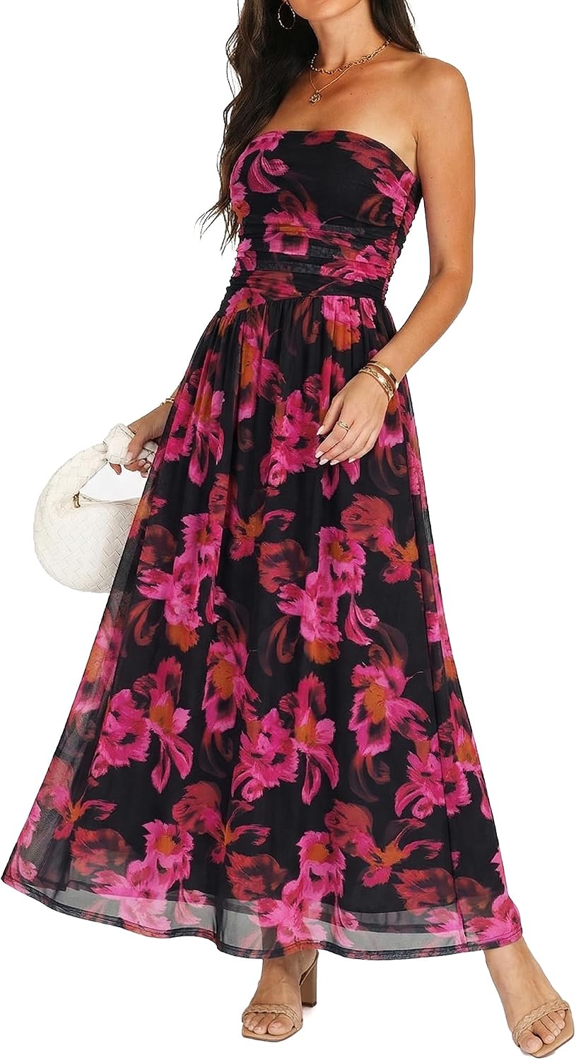 OULESIS Floral Wedding Guest Dresses for Women Mesh Long Flowy Formal Dress | Summer Floral Wedding Guest Maxi Dress for Women Strapless Tube Long Dresses Mesh Flowy Vacation Cocktail Dresses