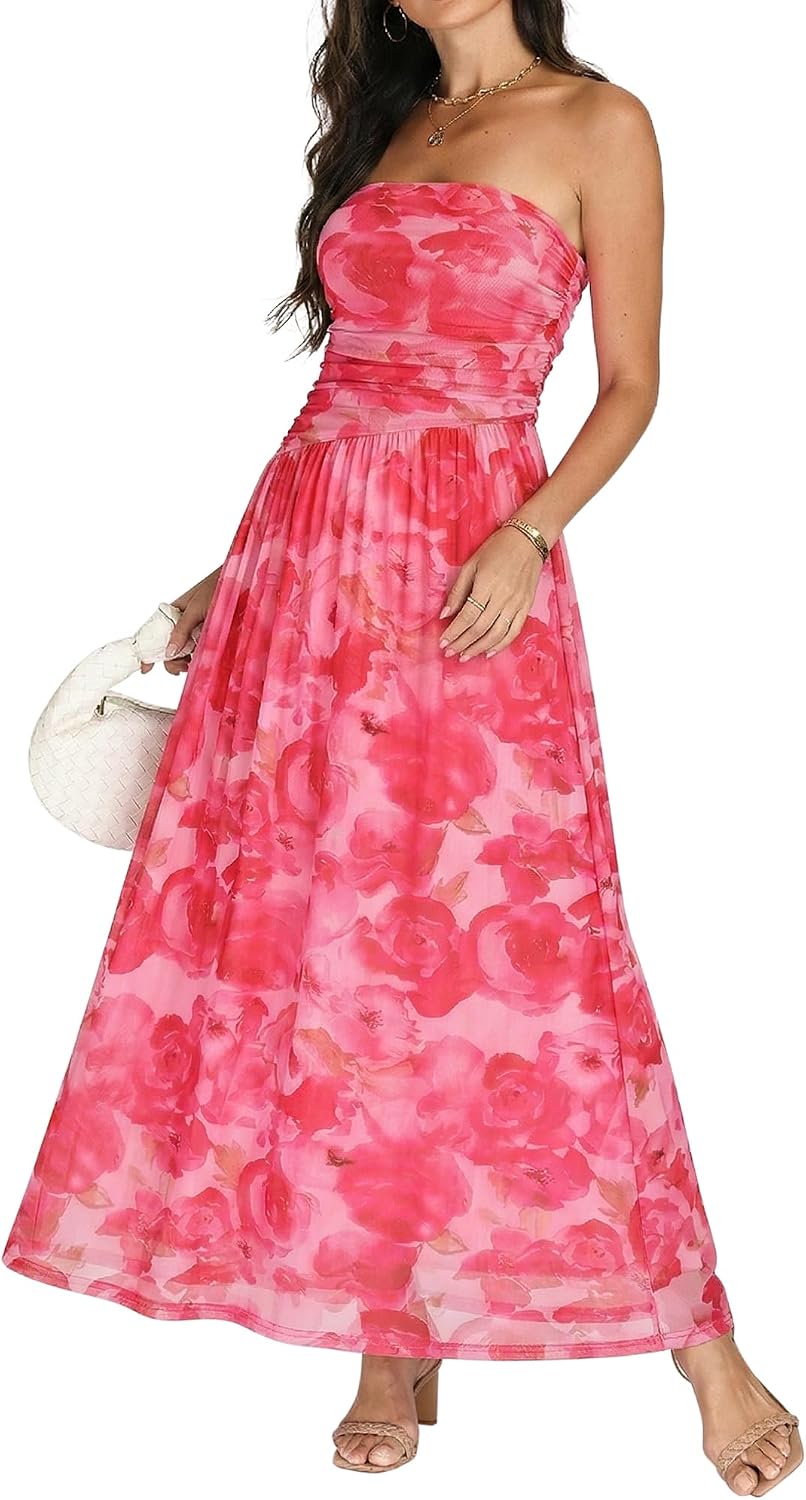OULESIS Floral Wedding Guest Dresses for Women Mesh Long Flowy Formal Dress | Summer Floral Wedding Guest Maxi Dress for Women Strapless Tube Long Dresses Mesh Flowy Vacation Cocktail Dresses
