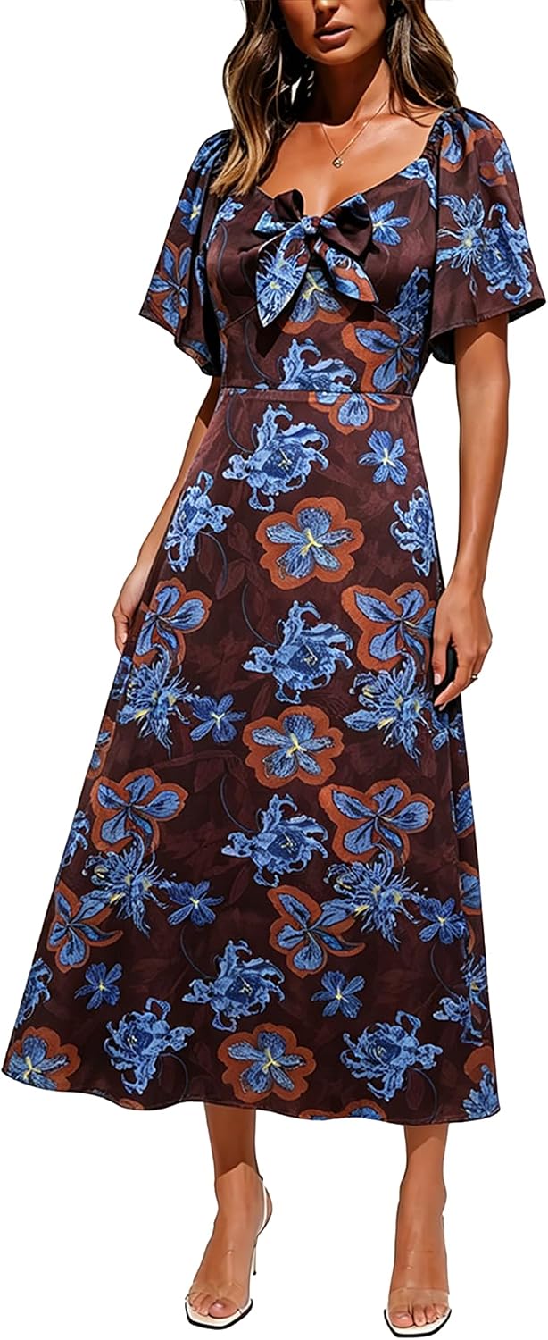 Fashionme 2026 Maxi Dress Women Satin Elegant Floral Tie Front Cap Sleeve | Summer Elegant Smocked Dress,Deep V Neck,Casual Sun Dress,Wedding Guest Graduation Vacation Beach Tea Party, XS-3XL