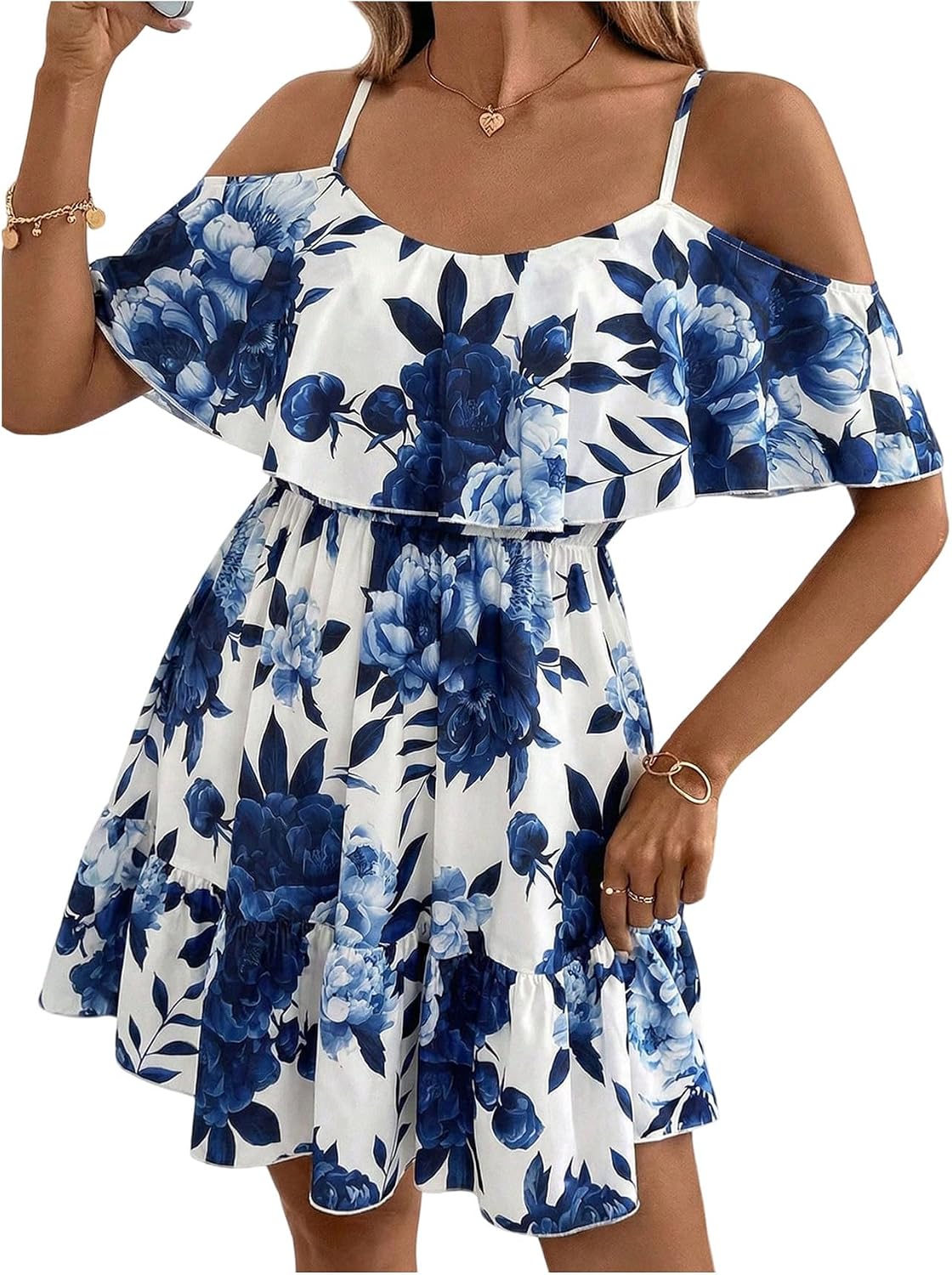 SOLY HUX Women's Summer Floral Mini Dress Cold Shoulder Ruffle Dresses | Boho, Short Sleeve, A Line, Vacation, Sundress