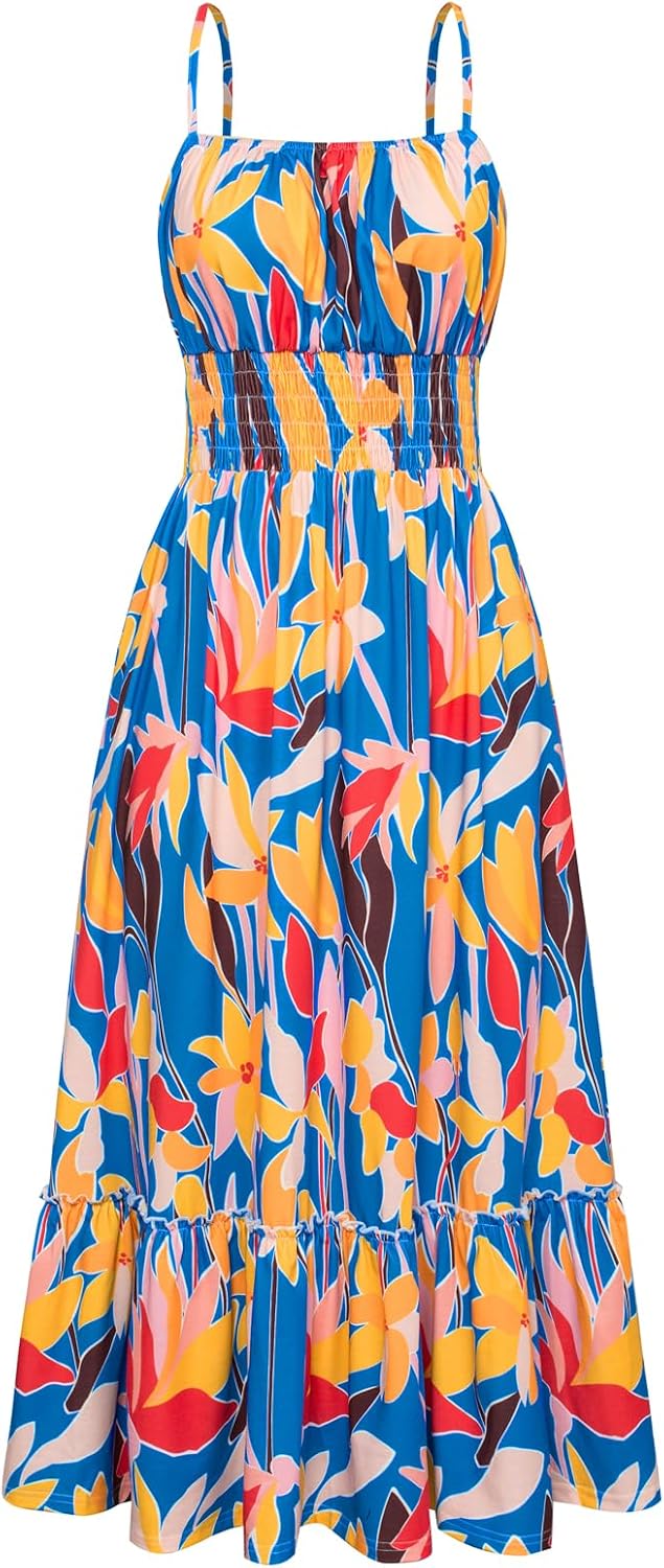 GRACE KARIN Summer Dresses for Women 2026 Vacation Boho Maxi Sundress | Casual, Smocked Waist, Floral Printed, Spaghetti Strap, Sleeveless, Beach Dresses With Pockets, Fashion Outfits