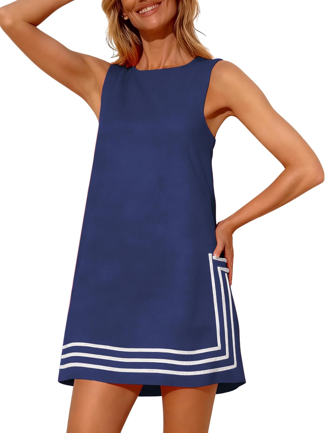 Freyhem Womens Summer Boho A-Line Mini Dress Sleeveless Sundress Color Block Beach Coverups