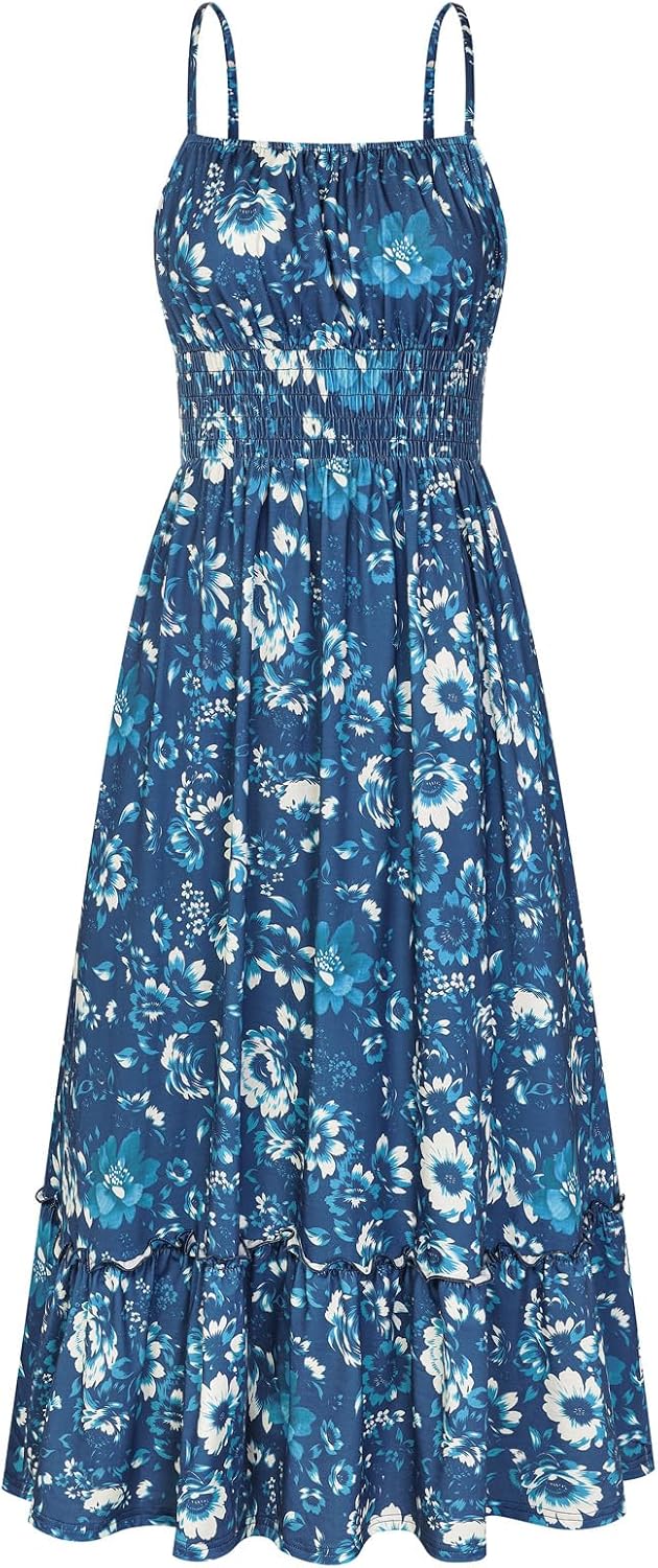GRACE KARIN Summer Dresses for Women 2026 Vacation Boho Maxi Sundress | Casual, Smocked Waist, Floral Printed, Spaghetti Strap, Sleeveless, Beach Dresses With Pockets, Fashion Outfits