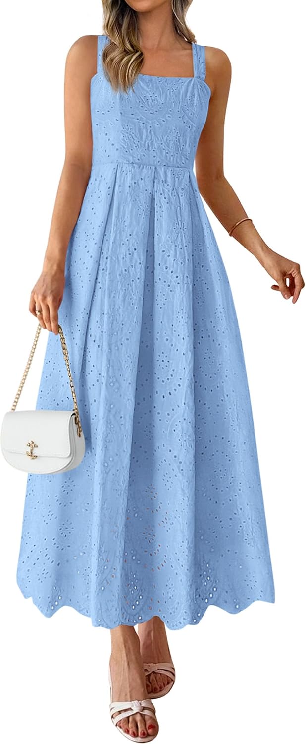 PRETTYGARDEN Womens Sleeveless Eyelet Summer Dresses Pockets | Hollow Out Embroidered Cotton,Adjustable Straps,Square Neck Ruffle Maxi Dress,Smocked back,Flowy Beach Vacation Sundress