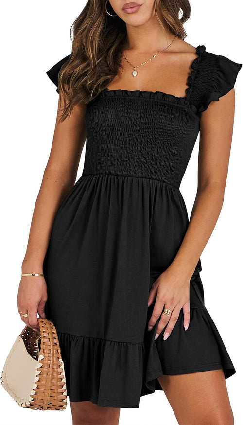 ANRABESS Womens Casual Summer Dress Boho Smocked Beach Cute Teen Sundress | Ruffle Backless Square Neck Sleeveless Short Dress, Slim Fit Tiered Floral Mini Dresses for Everyday, 2026 Vacation Outfits