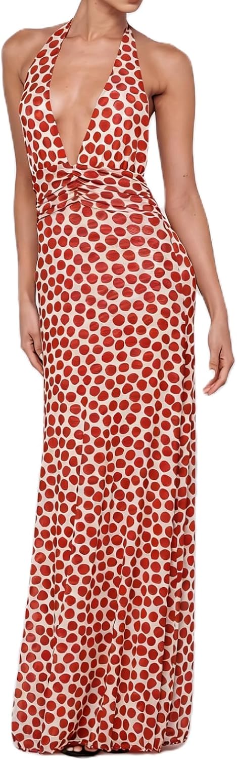 Amiblvowa Women Halter V Neck Maxi Dress Sexy Backless Bodycon Low Cut Long Dress Open Back Cocktail Summer Beach Sundress
