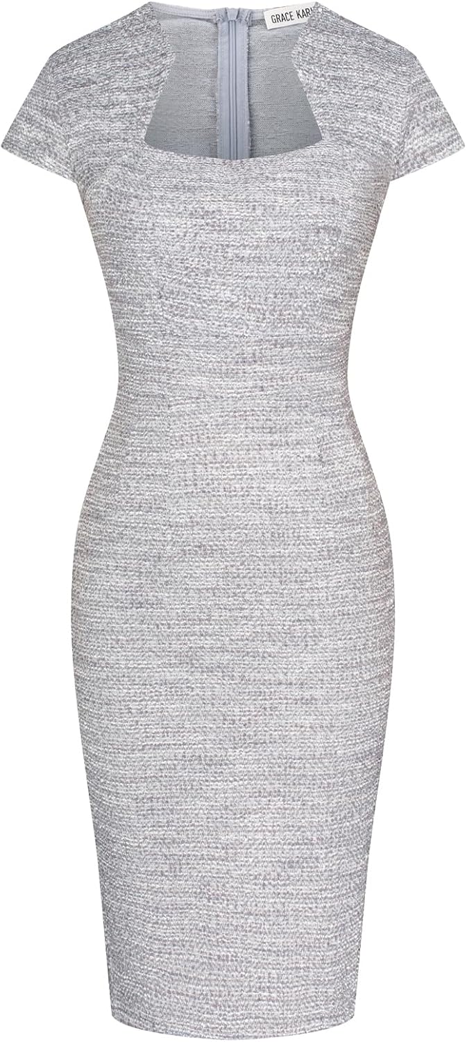 GRACE KARIN Work Dresses for Women Tweed Pencil Dress | Cap sleeve, Knee-length, Zipper back, Sweetheart neck, Stretch fabric, Formal office work business sheath dress