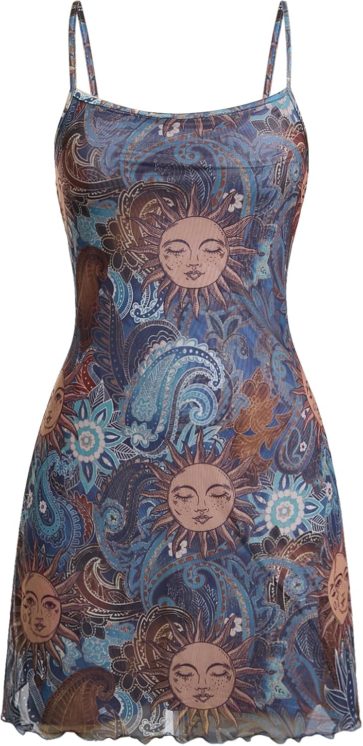 Milumia Women\u2018s Summer Mini Dress 90s Boho A Line Mesh Short Dresses | Spaghetti Strap,Sleeveless,Vintage,Paisley Print,Festival Outfits,Cowgirl,Y2k,Goth