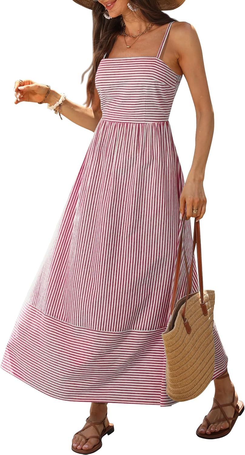 Caracilia Womens Maxi Dresses Gingham Summer Beach Outfits | Spaghetti Strap Back Smocked Cut Out, Flowy Long Sundress, Cute Travel Vacation Picnic Dress Fashion Clothes