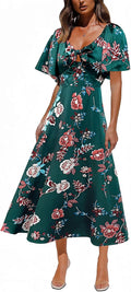 Fashionme 2026 Maxi Dress Women Satin Elegant Floral Tie Front Cap Sleeve | Summer Elegant Smocked Dress,Deep V Neck,Casual Sun Dress,Wedding Guest Graduation Vacation Beach Tea Party, XS-3XL