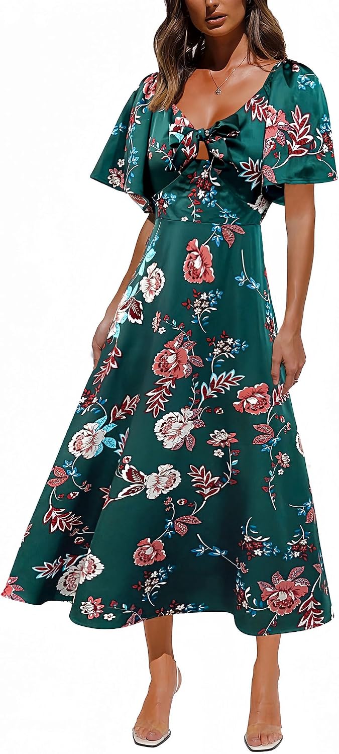 Fashionme 2026 Maxi Dress Women Satin Elegant Floral Tie Front Cap Sleeve | Summer Elegant Smocked Dress,Deep V Neck,Casual Sun Dress,Wedding Guest Graduation Vacation Beach Tea Party, XS-3XL