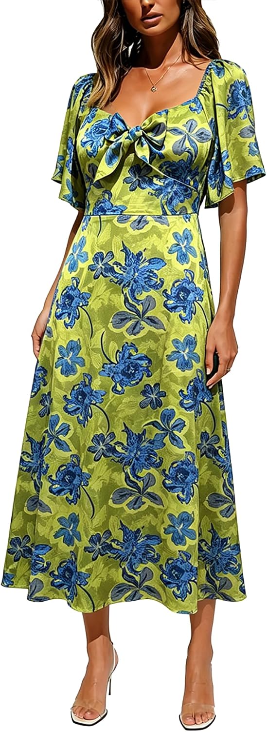 Fashionme 2026 Maxi Dress Women Satin Elegant Floral Tie Front Cap Sleeve | Summer Elegant Smocked Dress,Deep V Neck,Casual Sun Dress,Wedding Guest Graduation Vacation Beach Tea Party, XS-3XL