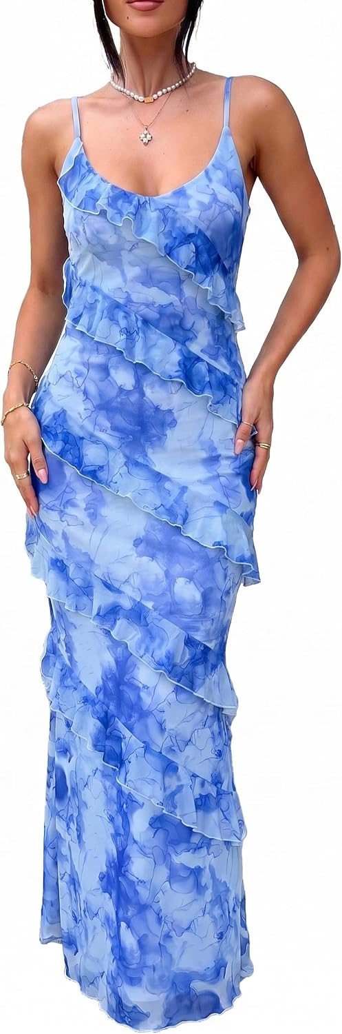 HOCILLE Women's Sexy V Neck Mesh Bodycon Wedding Guest Cocktail Maxi Dress | Sundress Spaghetti Strap Elegant Ruffle Party Long Dresses