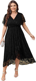 SCOMCHIC Womens Plus Size Wedding Guest Formal Dress | Lace, Wrap V Neck, High Low, Short Sleeve, Cocktail, Maxi Dresses