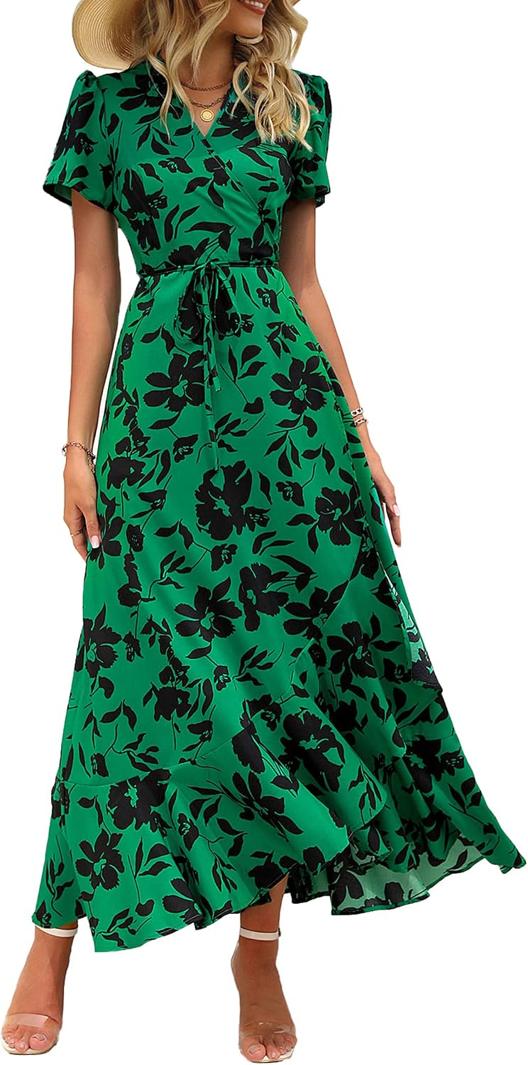 PRETTYGARDEN Women's Boho Floral Summer Maxi Dresses | Short Sleeve Wrap V Neck, Long Flowy Sundress, Spring Wedding Guest Party Outfits, Ruffle Beach Vacation Dress, Resort Wear
