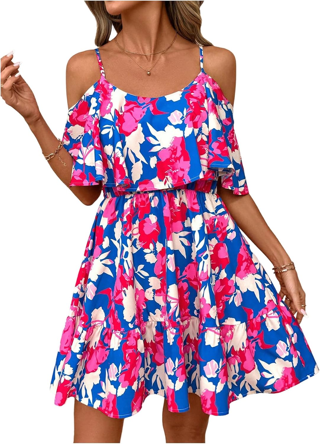 SOLY HUX Women's Summer Floral Mini Dress Cold Shoulder Ruffle Dresses | Boho, Short Sleeve, A Line, Vacation, Sundress