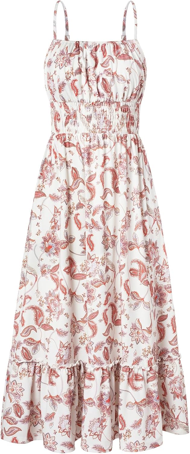 GRACE KARIN Summer Dresses for Women 2026 Vacation Boho Maxi Sundress | Casual, Smocked Waist, Floral Printed, Spaghetti Strap, Sleeveless, Beach Dresses With Pockets, Fashion Outfits