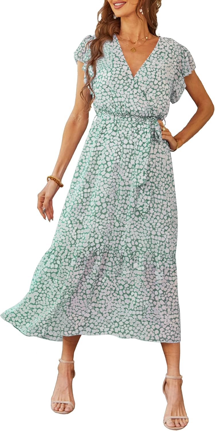 PRETTYGARDEN Women's Summer Floral Boho Maxi Dress | Short Sleeve Wrap V Neck, Long Flowy Ruffle Dresses, Spring Wedding Guest Outfits for Beach Vacation, Resort Wear, Tea Party