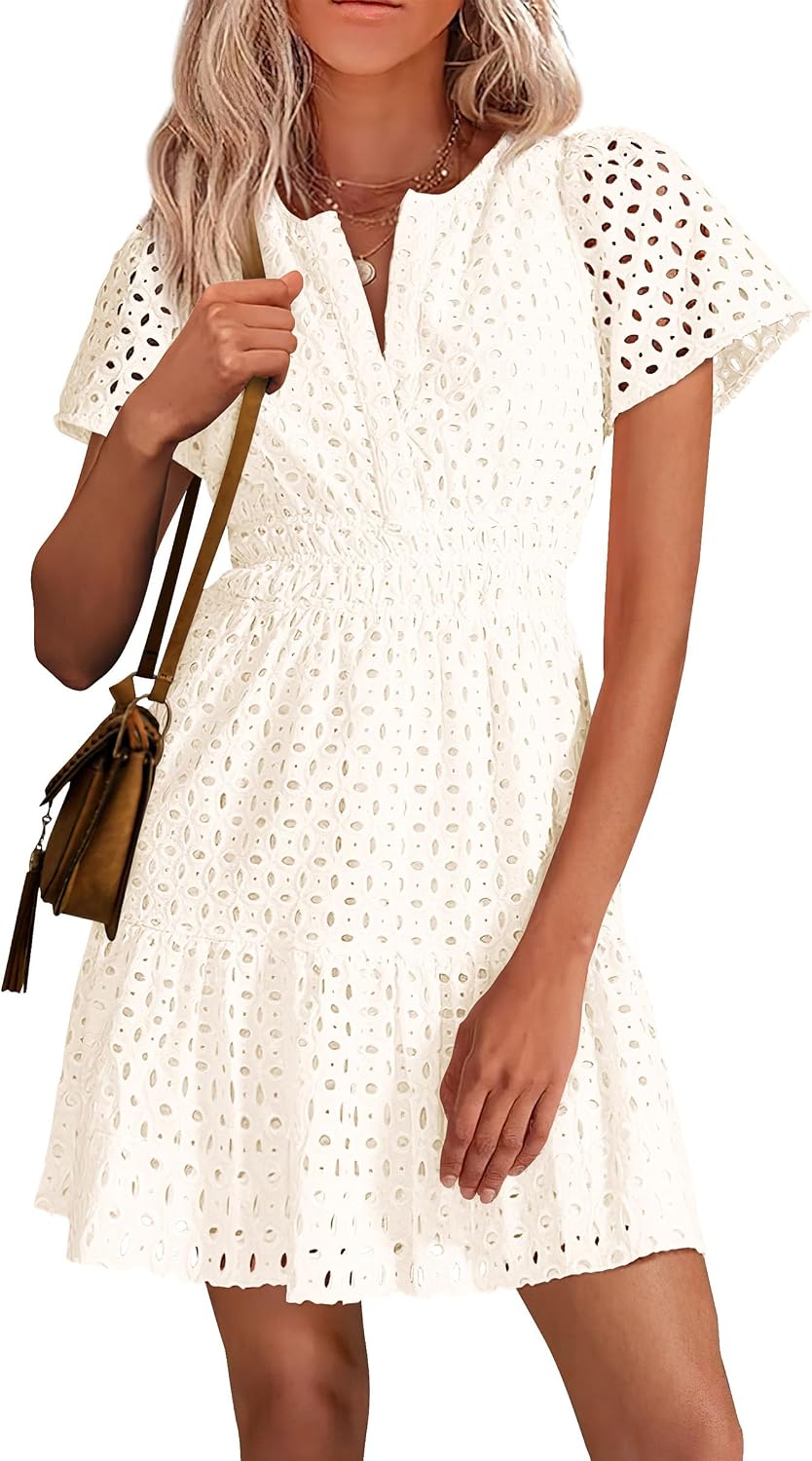 PRETTYGARDEN Women's Summer Eyelet Lace Short Dresses | Embroidered Hollow Out, Short Sleeve V Neck, Ruffle A Line, Cute Casual Trendy, Party Wedding Guest, Beach Vacation Clothes