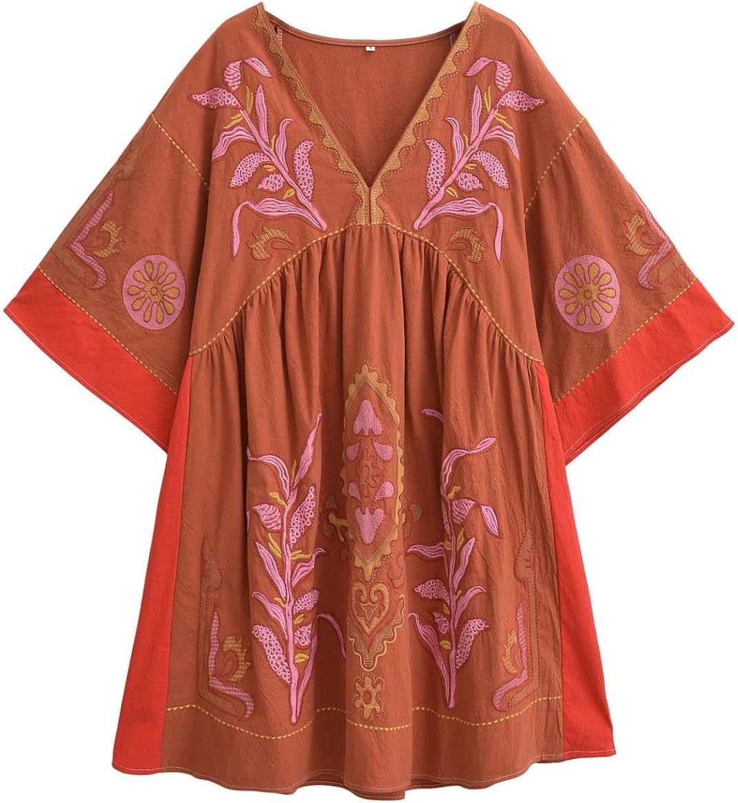 Joiemont Womens Oversized Embroidered Dress with V-Neck and 3\/4 Sleeves Vintage Embroidery Babydoll Dress