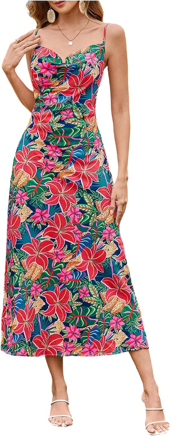 Floerns Women's Leopard Print Draped Collar Spaghetti Strap Cami Long Dress | Cheetah, Animal Print, Cowl Neck, Draped, Western, Concert, Going Out, Corset Maxi Dresses
