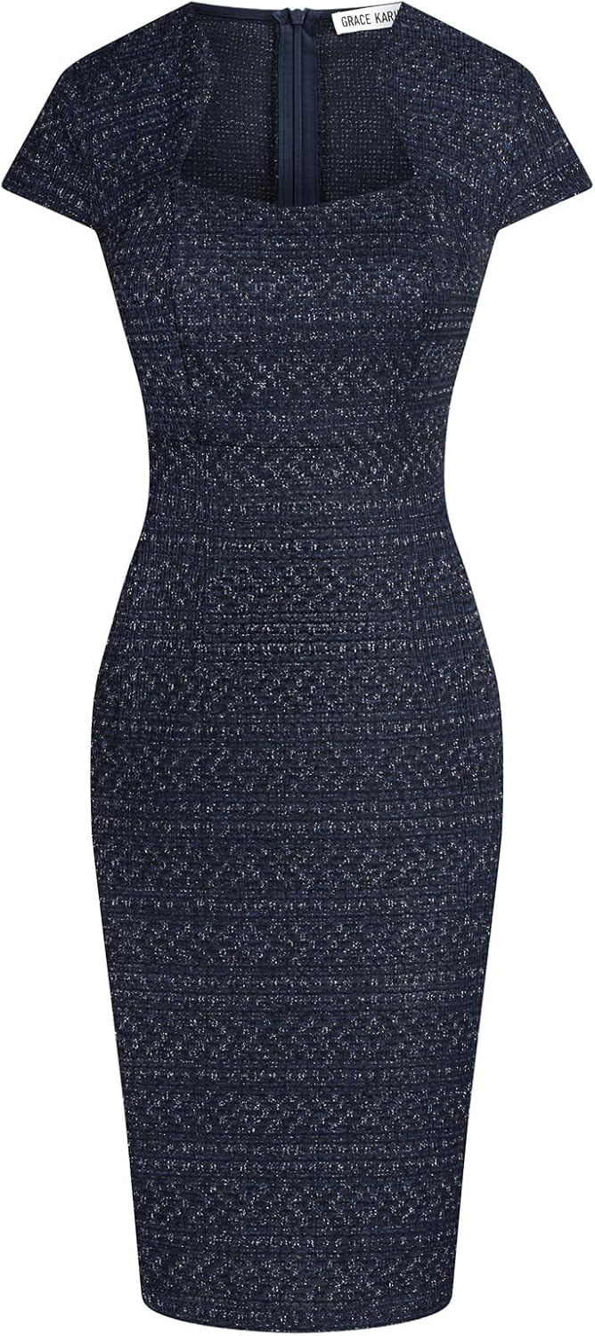 GRACE KARIN Work Dresses for Women Tweed Pencil Dress | Cap sleeve, Knee-length, Zipper back, Sweetheart neck, Stretch fabric, Formal office work business sheath dress