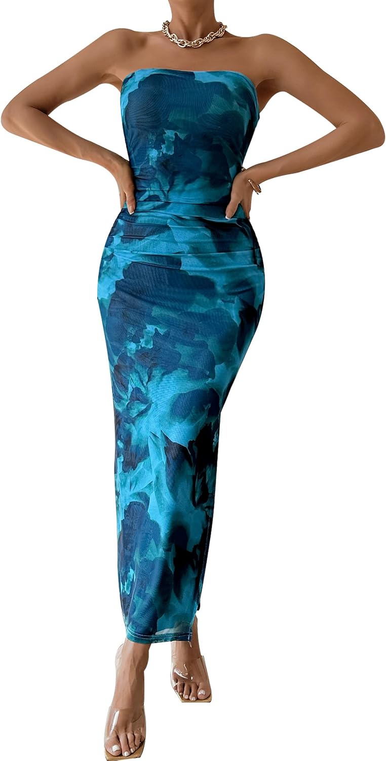 PRETTYGARDEN Women's Strapless Bodycon Floral Maxi Dress | Stretchy Lined Mesh, Long Tube Dresses, Ruched Slit, Spring Summer Y2K Outfits for Wedding, Date Night Party, Beach Vacation