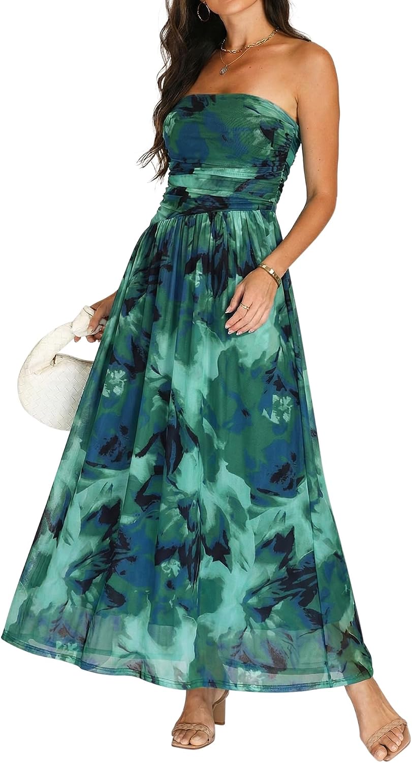 OULESIS Floral Wedding Guest Dresses for Women Mesh Long Flowy Formal Dress | Summer Floral Wedding Guest Maxi Dress for Women Strapless Tube Long Dresses Mesh Flowy Vacation Cocktail Dresses