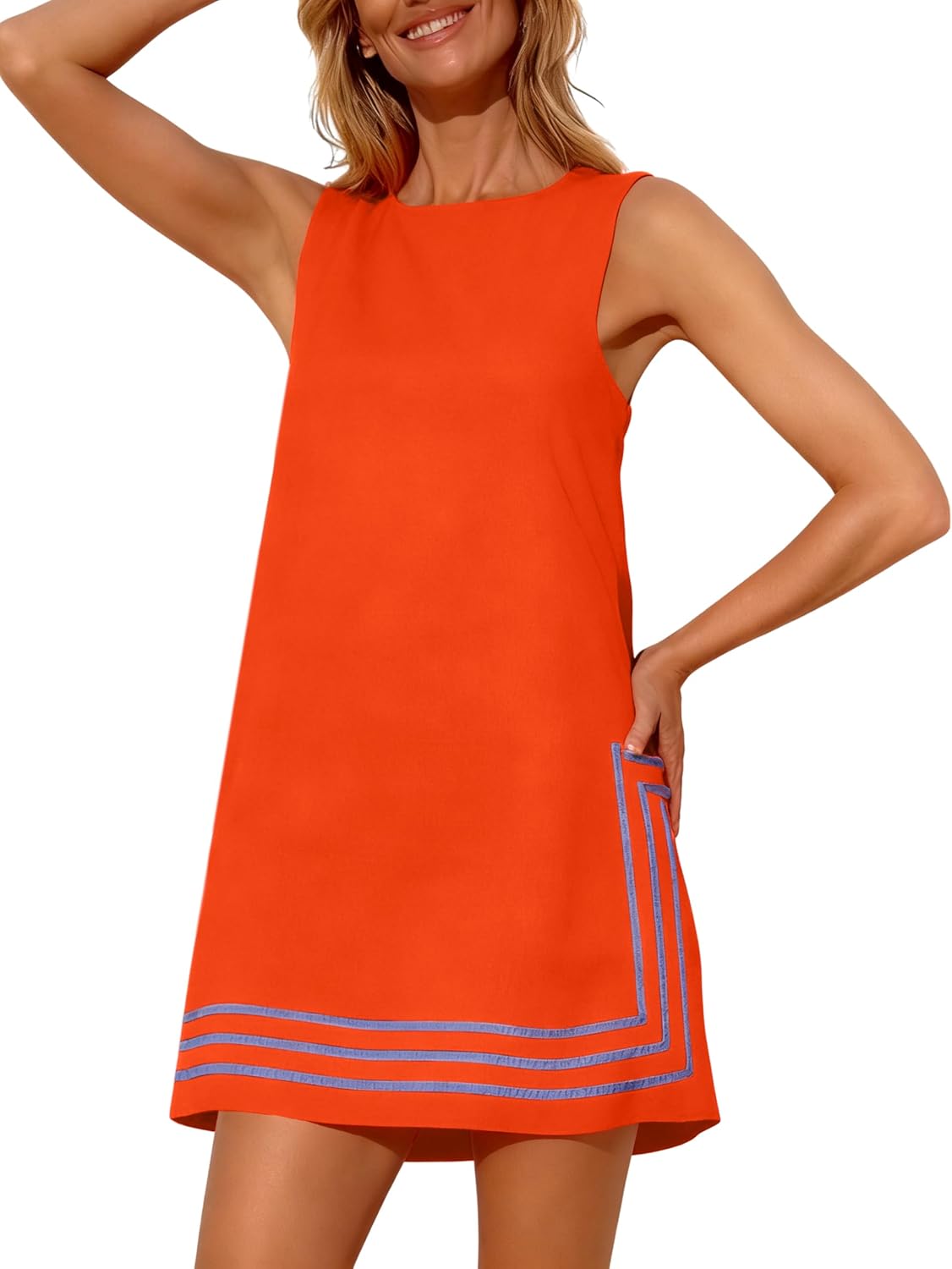Freyhem Womens Summer Boho A-Line Mini Dress Sleeveless Sundress Color Block Beach Coverups