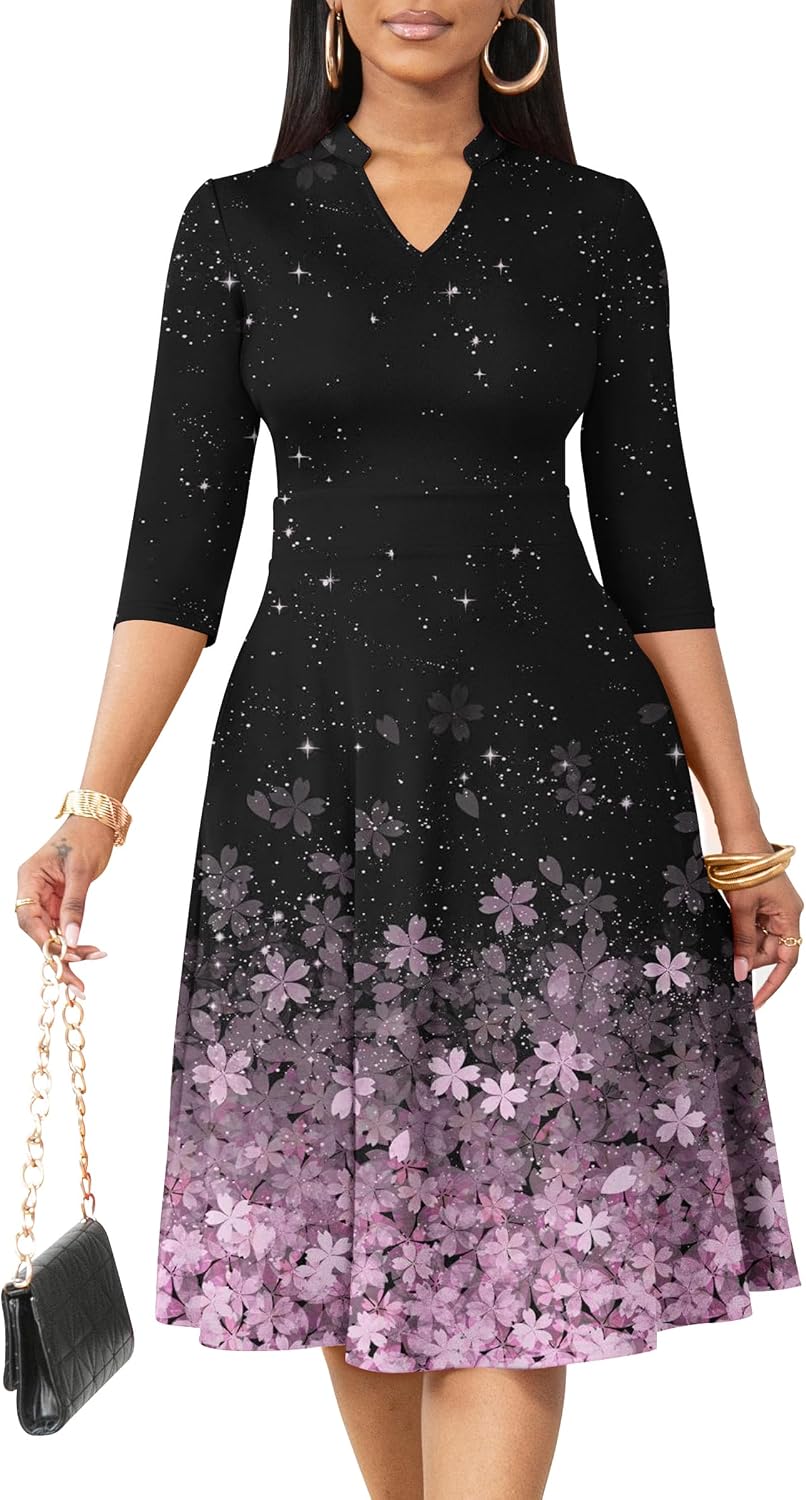 Nmoder Casual Dresses for Women Stand Collar Church Fit and Flare Dress | A-line fit with elegant stand collar, hidden pockets and zipper, ideal for work cocktail wedding guest