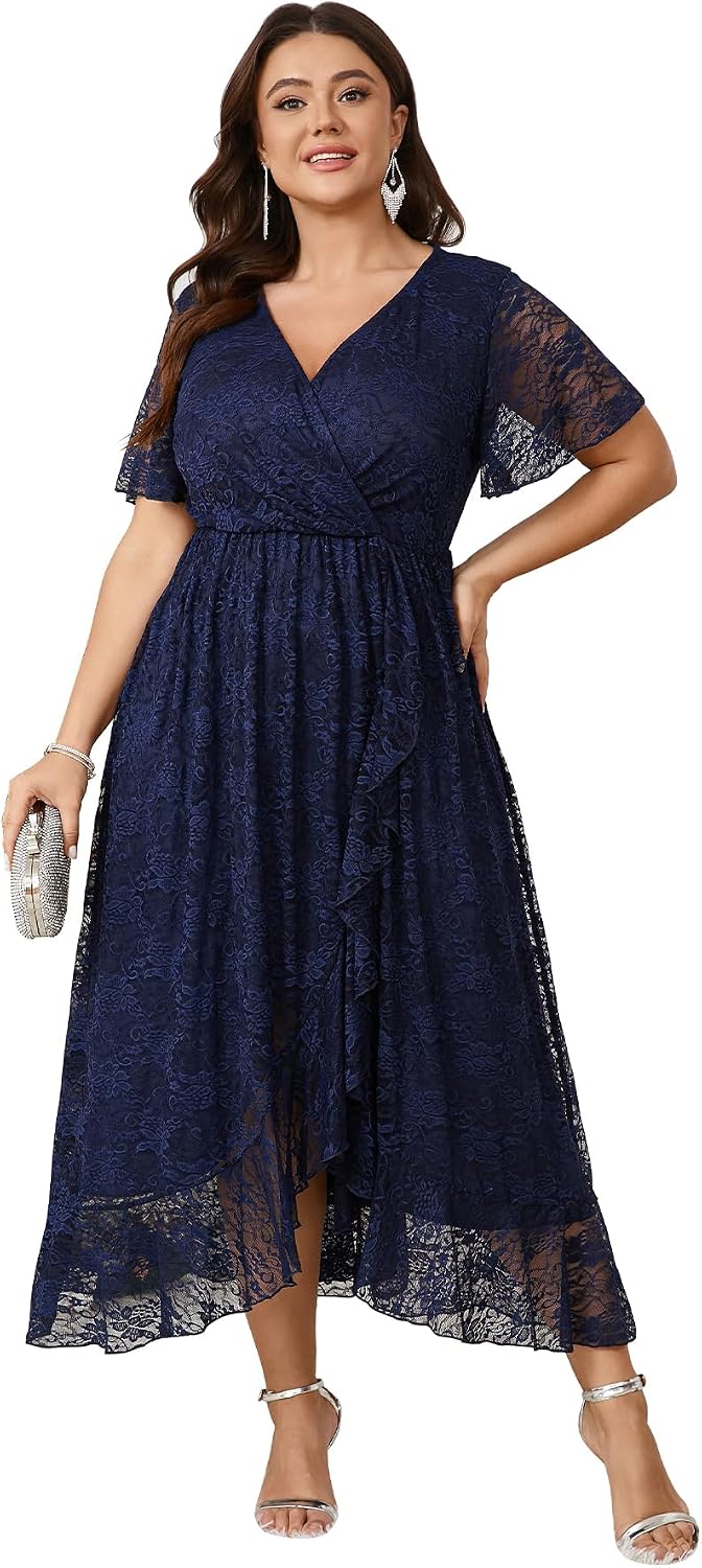 SCOMCHIC Womens Plus Size Wedding Guest Formal Dress | Lace, Wrap V Neck, High Low, Short Sleeve, Cocktail, Maxi Dresses