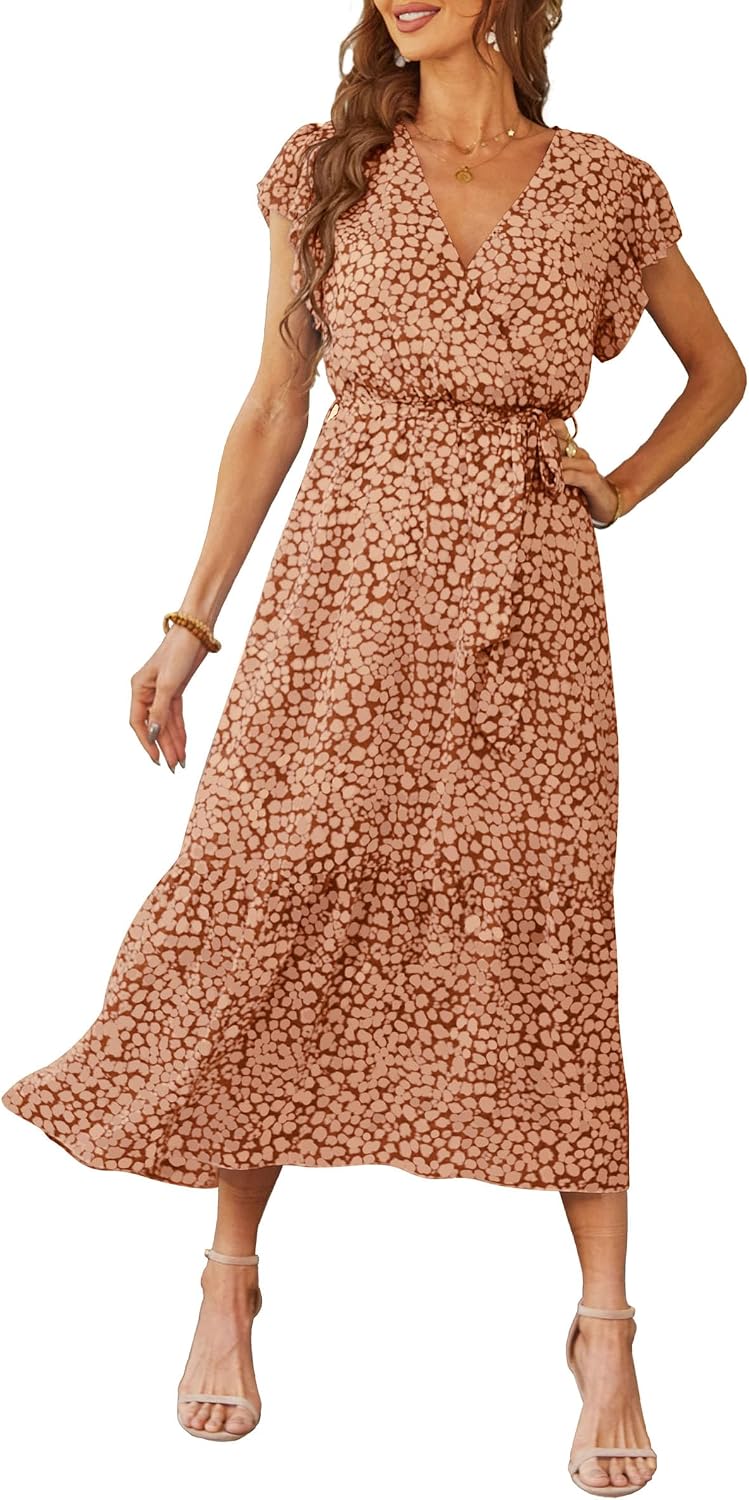 PRETTYGARDEN Women's Summer Floral Boho Maxi Dress | Short Sleeve Wrap V Neck, Long Flowy Ruffle Dresses, Spring Wedding Guest Outfits for Beach Vacation, Resort Wear, Tea Party