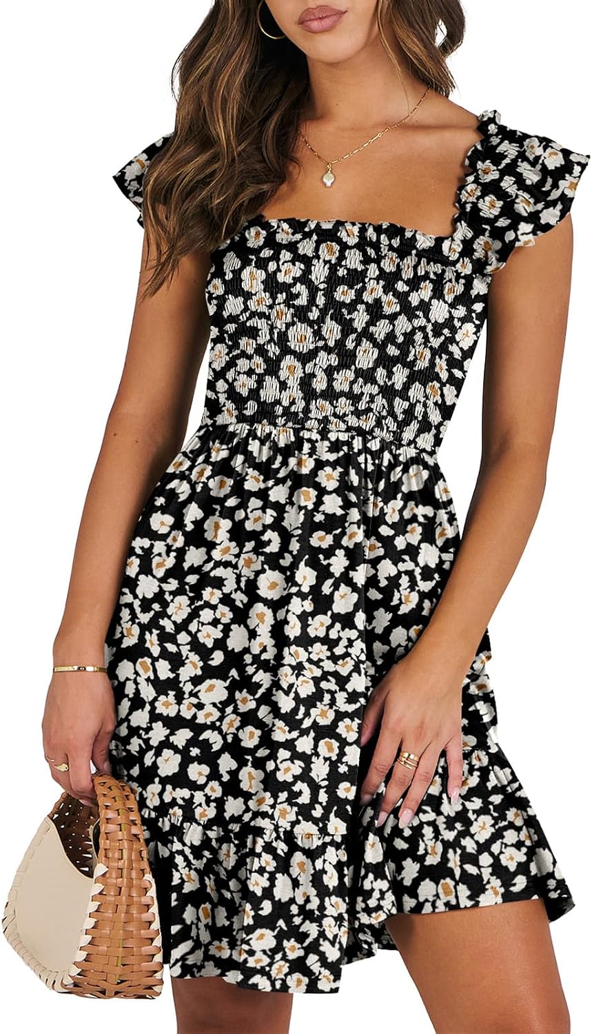 ANRABESS Womens Casual Summer Dress Boho Smocked Beach Cute Teen Sundress | Ruffle Backless Square Neck Sleeveless Short Dress, Slim Fit Tiered Floral Mini Dresses for Everyday, 2026 Vacation Outfits