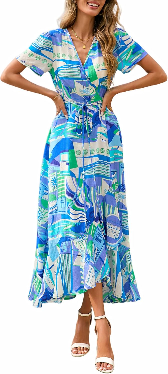 PRETTYGARDEN Women's Boho Floral Summer Maxi Dresses | Short Sleeve Wrap V Neck, Long Flowy Sundress, Spring Wedding Guest Party Outfits, Ruffle Beach Vacation Dress, Resort Wear
