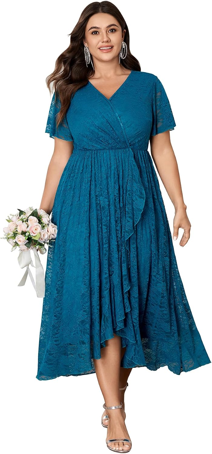 SCOMCHIC Womens Plus Size Wedding Guest Formal Dress | Lace, Wrap V Neck, High Low, Short Sleeve, Cocktail, Maxi Dresses