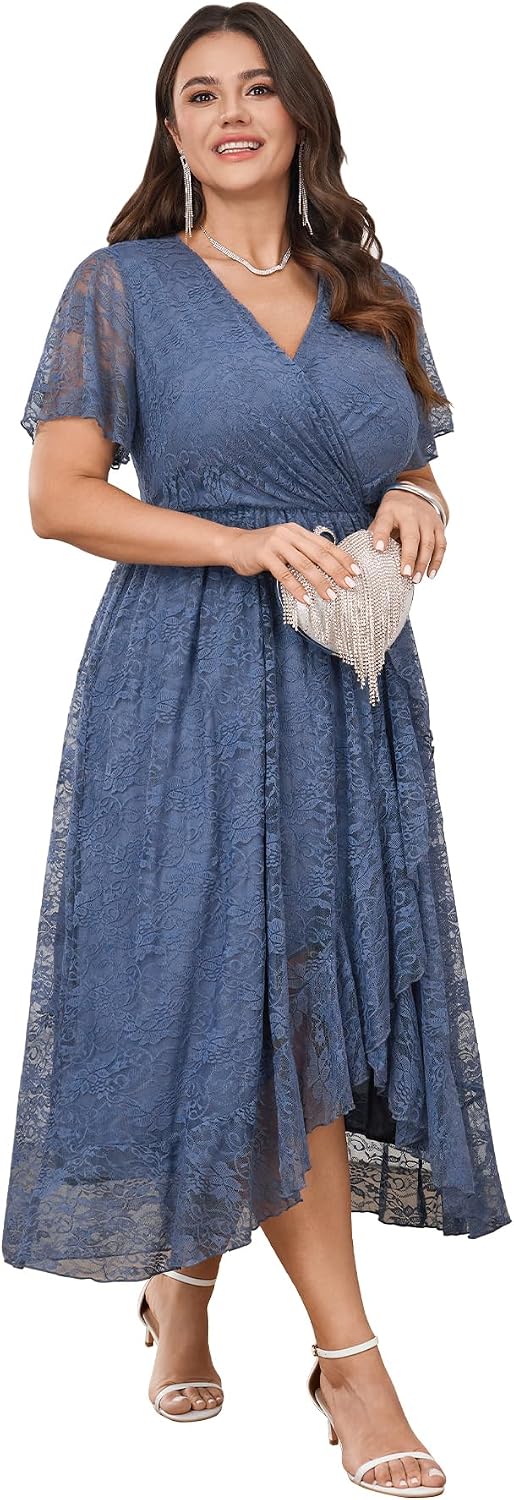 SCOMCHIC Womens Plus Size Wedding Guest Formal Dress | Lace, Wrap V Neck, High Low, Short Sleeve, Cocktail, Maxi Dresses