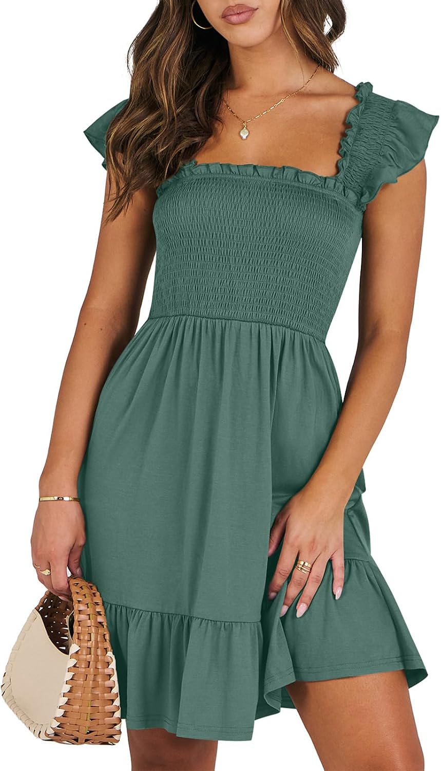 ANRABESS Womens Casual Summer Dress Boho Smocked Beach Cute Teen Sundress | Ruffle Backless Square Neck Sleeveless Short Dress, Slim Fit Tiered Floral Mini Dresses for Everyday, 2026 Vacation Outfits