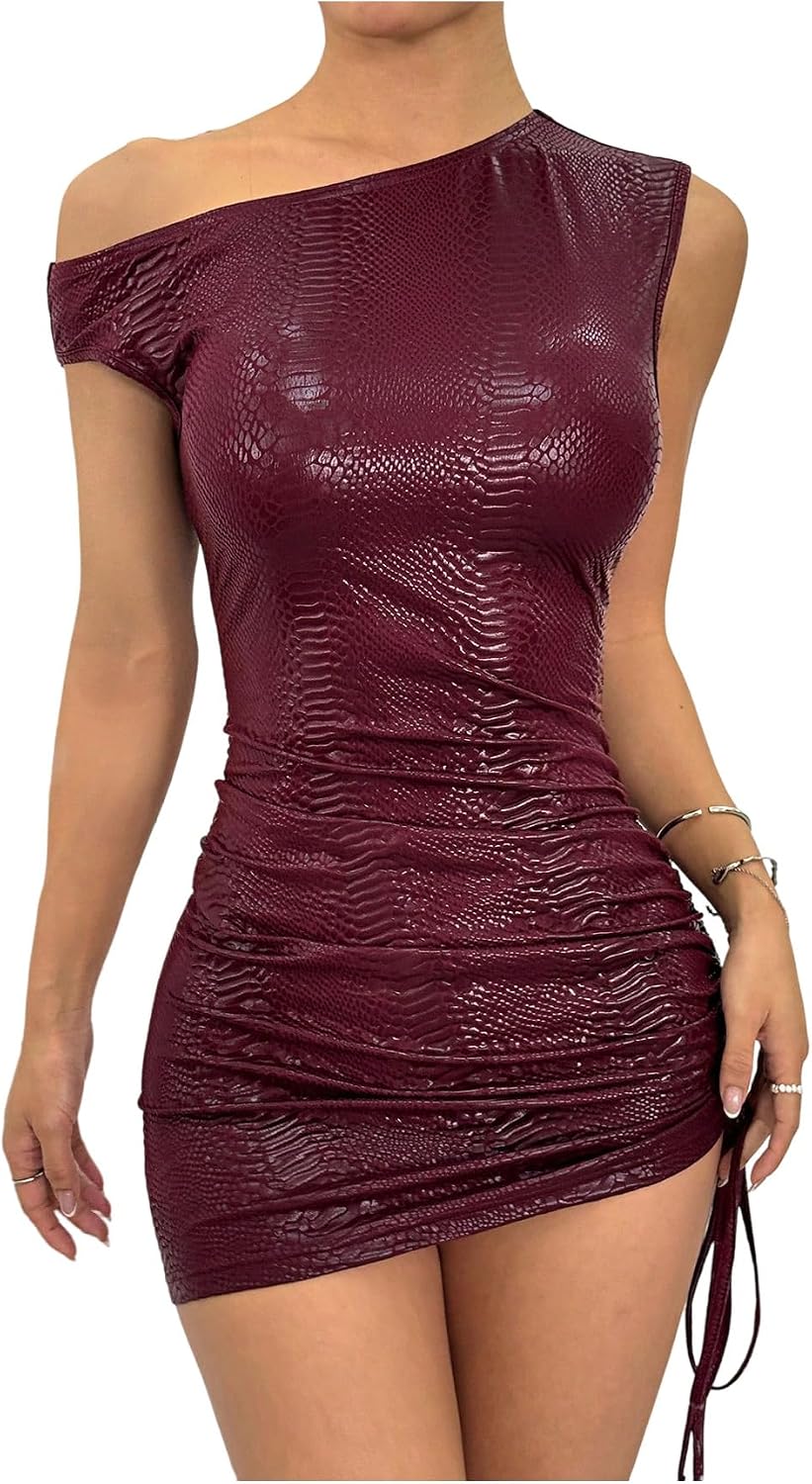 Milumia Women's Off Shoulder Pu Leather Mini Dress Party Club Short Dresses | Sexy Drawstring, Going Out, Ruched Bodycon, Asymmetrical Neck, Sleeveless, Night Out Outfit