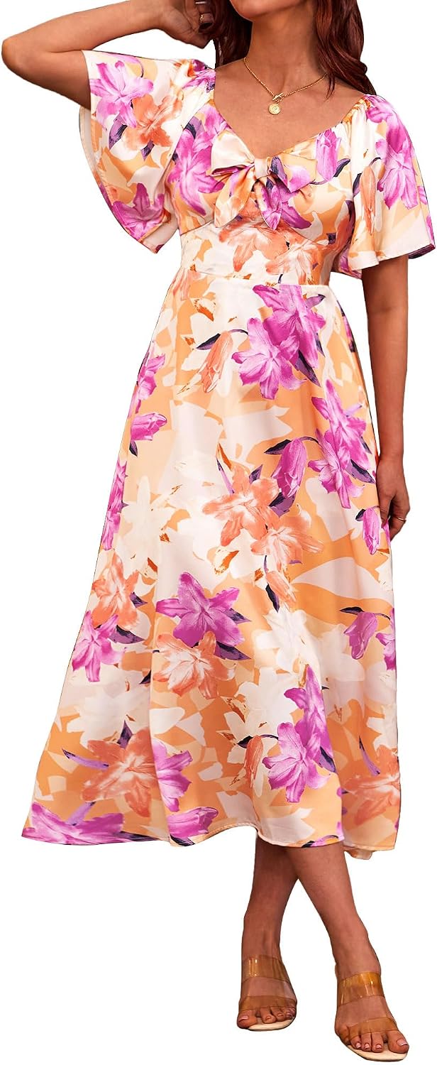 Fashionme 2026 Maxi Dress Women Satin Elegant Floral Tie Front Cap Sleeve | Summer Elegant Smocked Dress,Deep V Neck,Casual Sun Dress,Wedding Guest Graduation Vacation Beach Tea Party, XS-3XL
