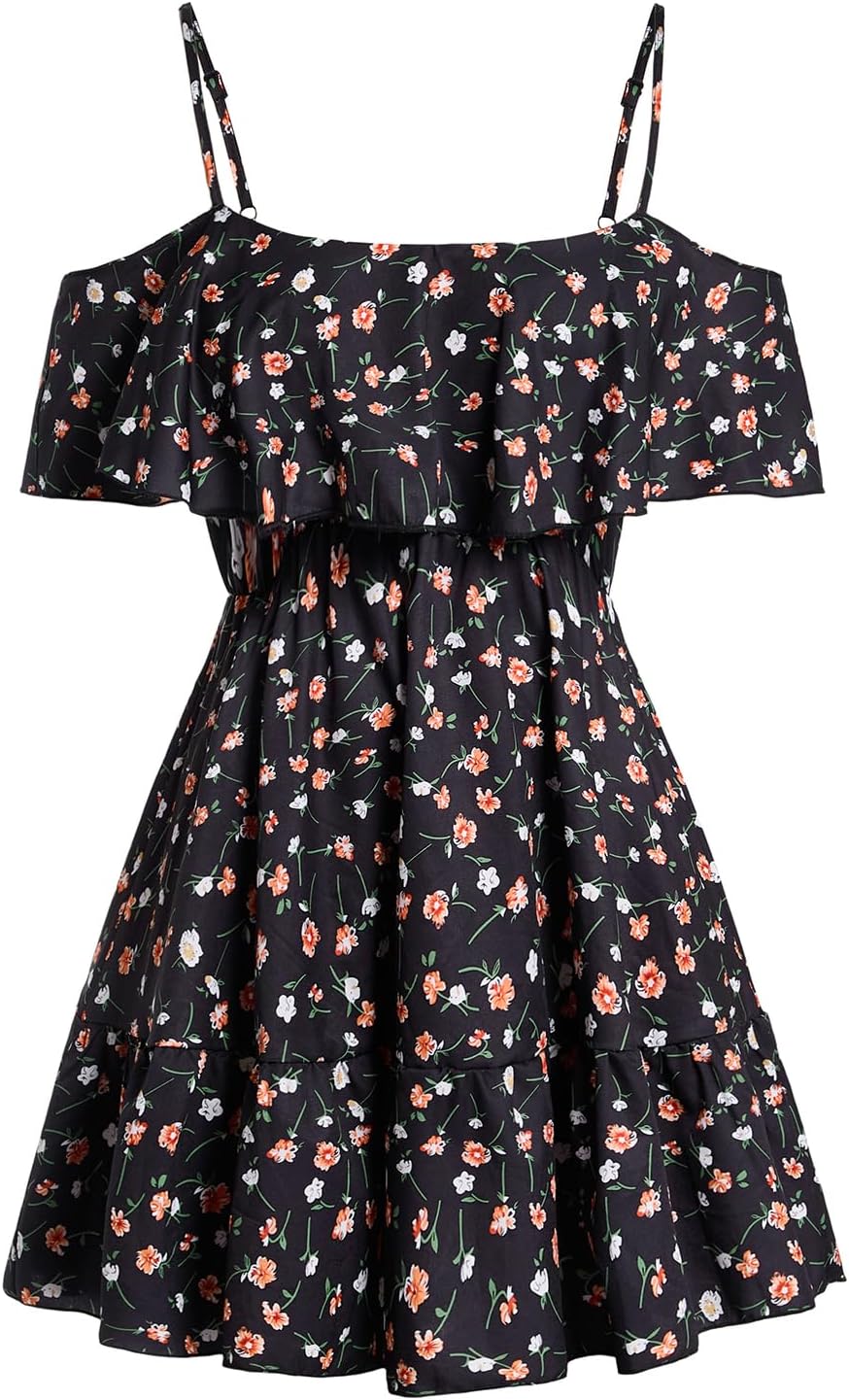 SOLY HUX Women's Summer Floral Mini Dress Cold Shoulder Ruffle Dresses | Boho, Short Sleeve, A Line, Vacation, Sundress