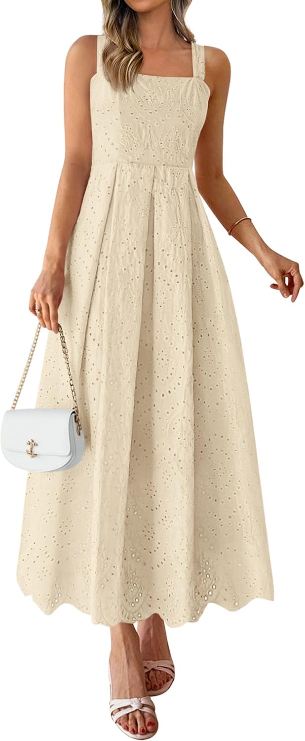 PRETTYGARDEN Womens Sleeveless Eyelet Summer Dresses Pockets | Hollow Out Embroidered Cotton,Adjustable Straps,Square Neck Ruffle Maxi Dress,Smocked back,Flowy Beach Vacation Sundress