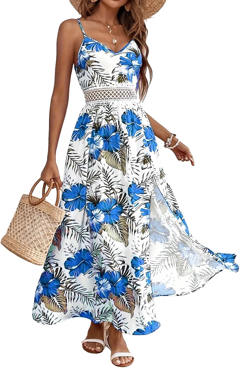 Women's Hawaiian Maxi Dresses Summer Sun Floral Sleeveless Vacation | V-Neck, Spaghetti Straps, Flowy, Boho, Resort, Beach