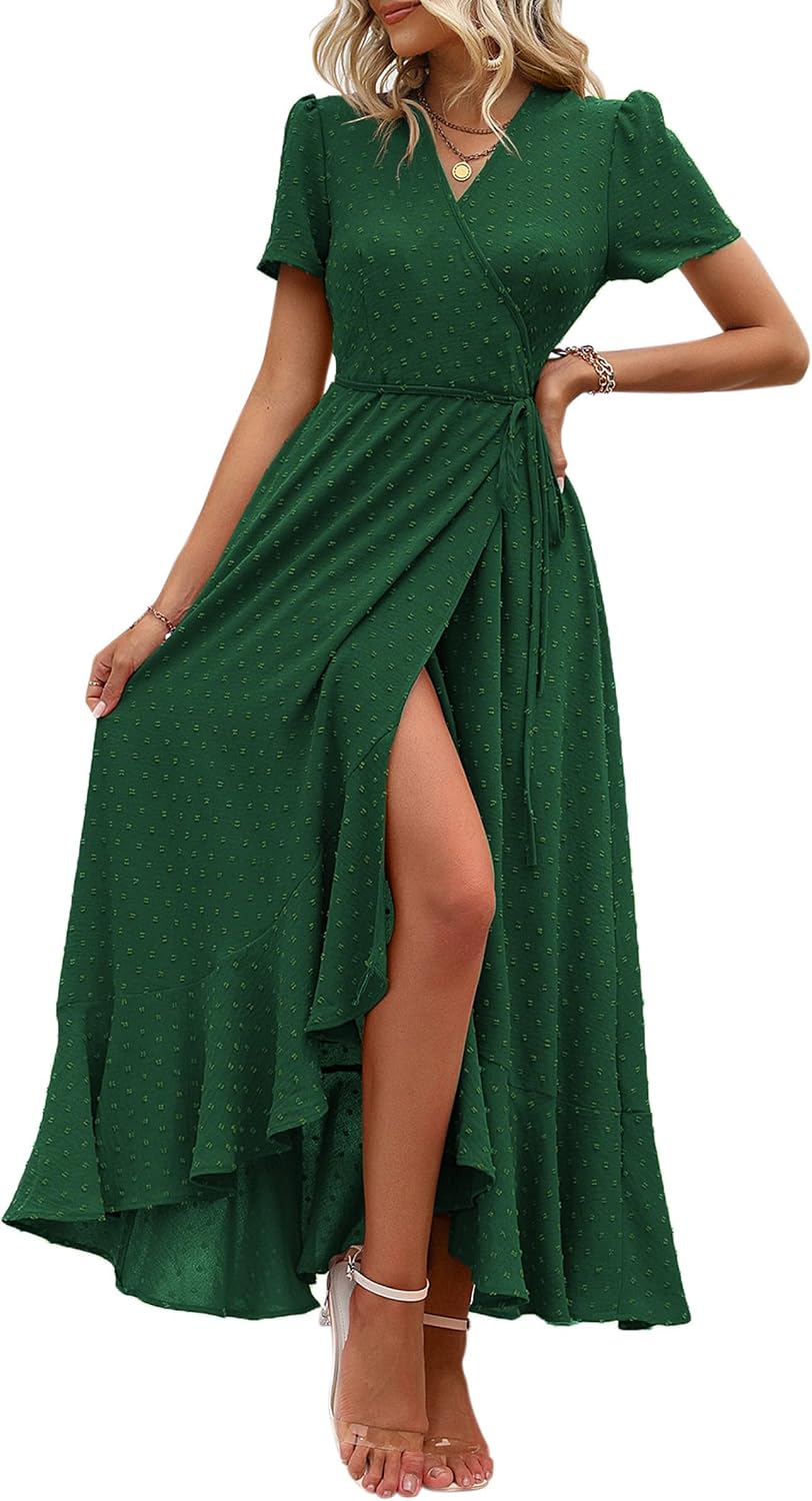PRETTYGARDEN Women's Boho Floral Summer Maxi Dresses | Short Sleeve Wrap V Neck, Long Flowy Sundress, Spring Wedding Guest Party Outfits, Ruffle Beach Vacation Dress, Resort Wear