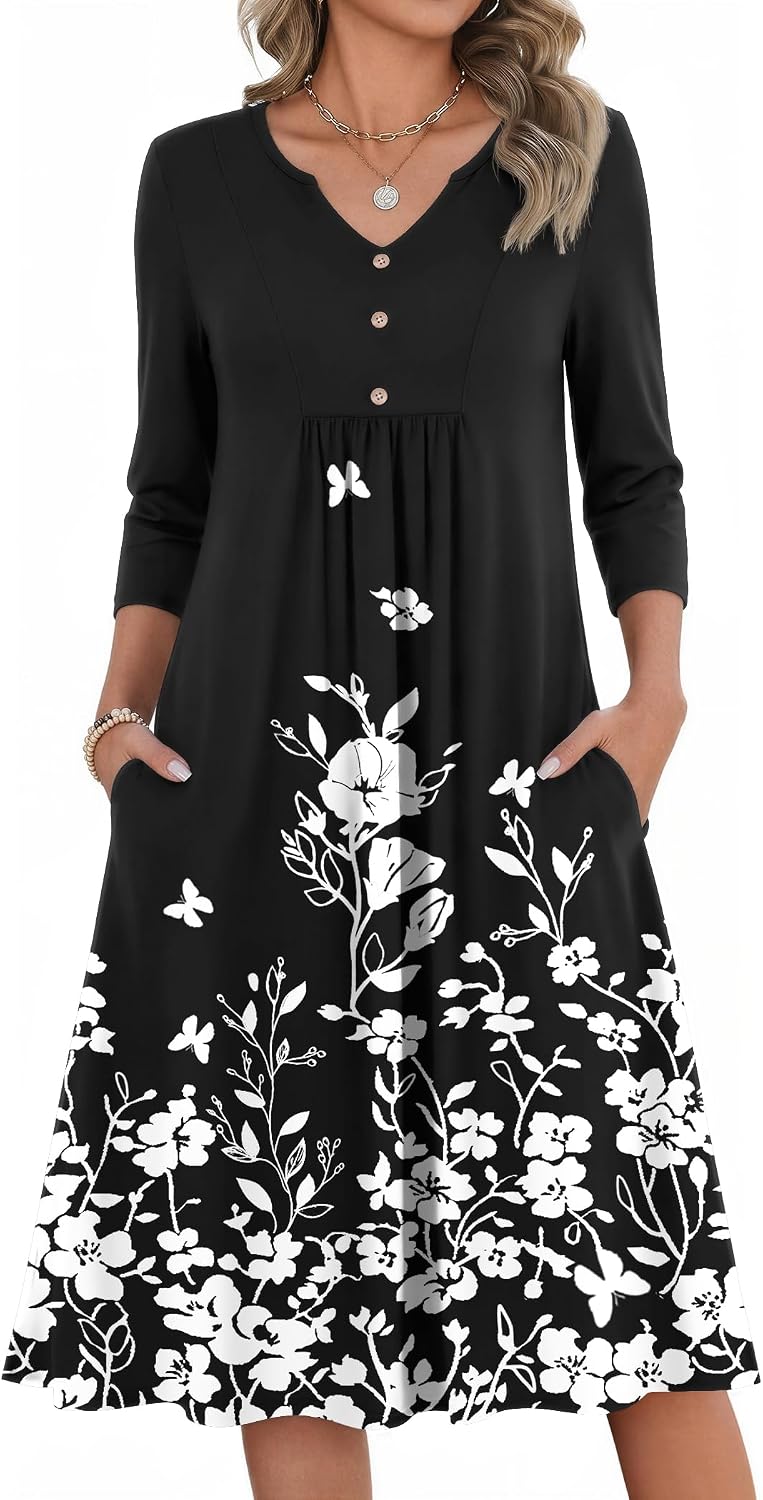 Zeagoo Womens Dresses 3\/4 Sleeve Casual Fall A Line Midi Dress with Pockets | V Neck Empire Waist Sundress, Button Decor, Floral, Boho, Solid Color, Loose Fit, Flowy, Vacation Sundresses